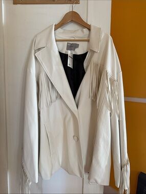 ASOS Curve DESIGN faux leather fringed rodeo biker jacket in white